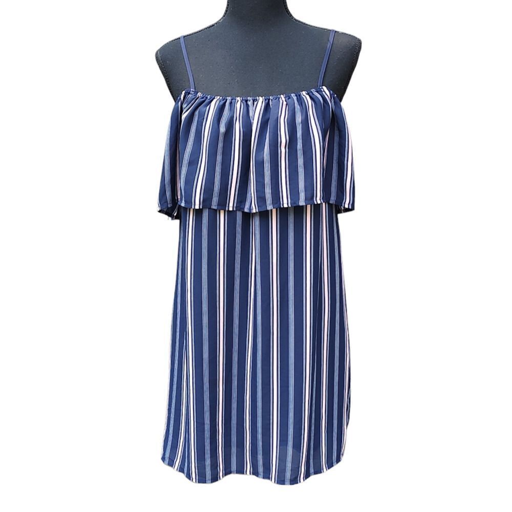 19 Cooper Blue Pink Striped Ruffle Cold Shoulder Dress Medium